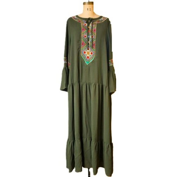 Maxi boho flounce sleeve embroidery applique drop waist flounce sleeve dress - Picture 1 of 15